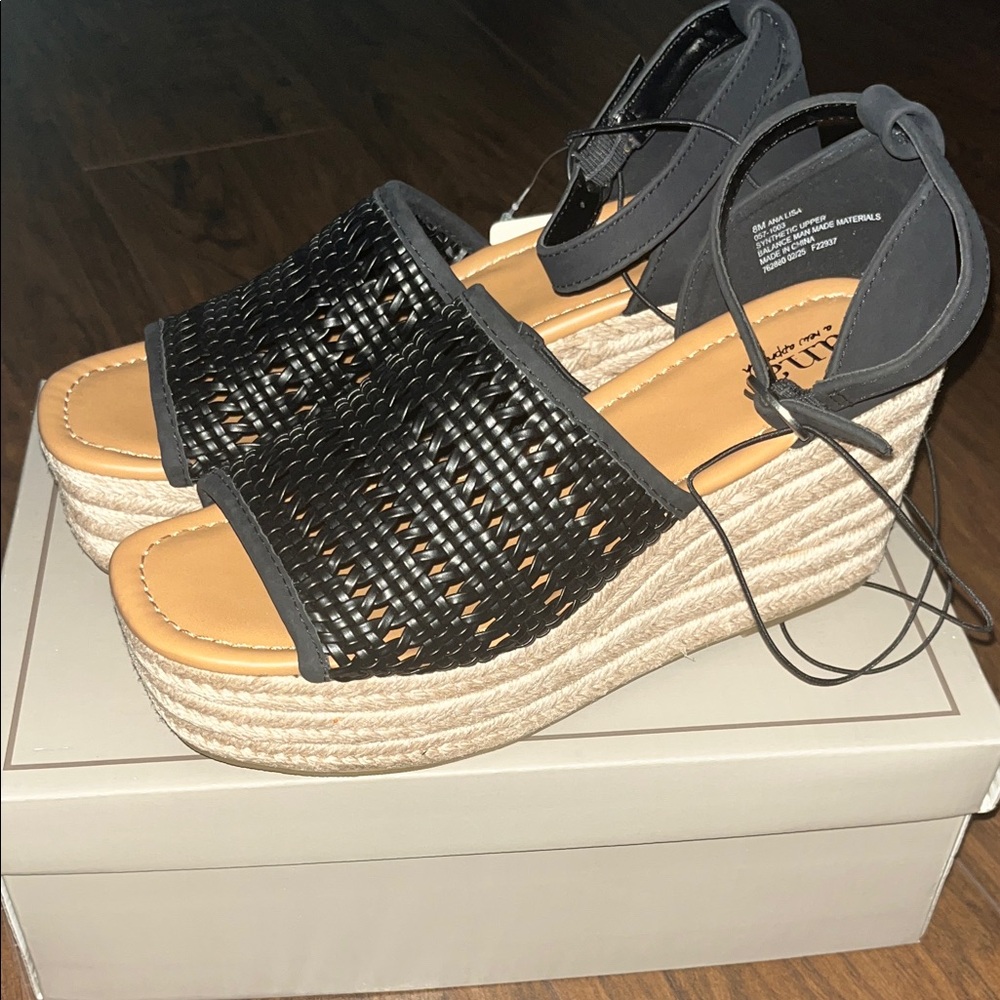 Ana  Black and Tan Woven Wedge Sandals